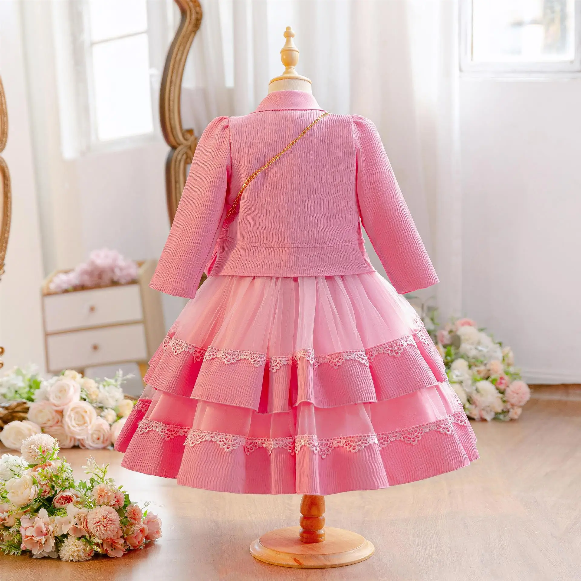 HETISO Autumn Girls Two-piece Dress With Bag Long Sleeve Embroidered Jacket Elegant Children's Party Gown Gift 3-9 Years