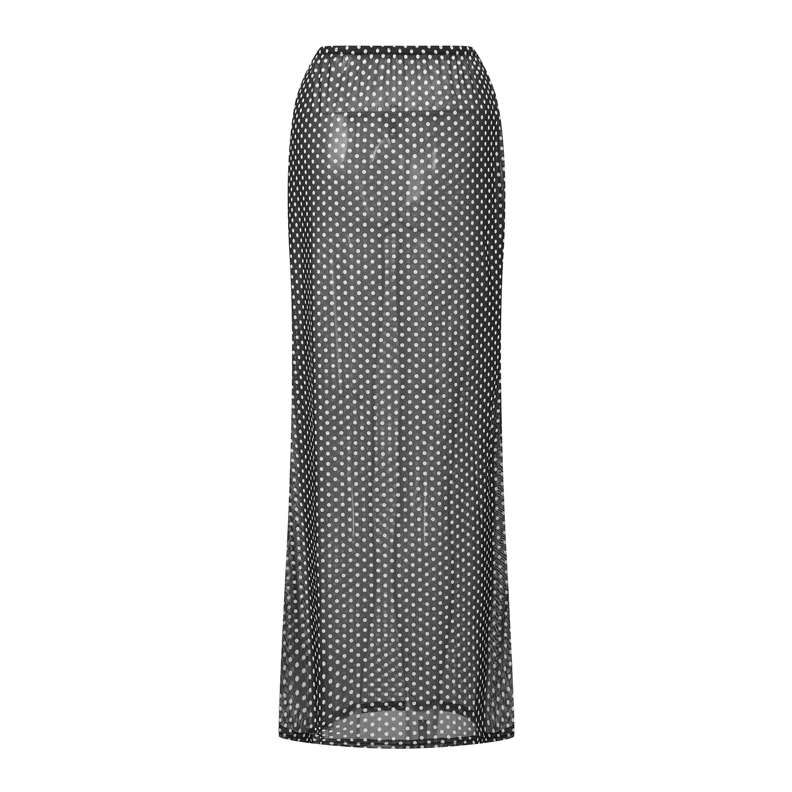 Y2K Polka Dot Mesh Sheer Maxi Skirt Sexy Night Out Club Party Coquette Skirt Beach Style See Through Bikini Cover-ups Long Skirt