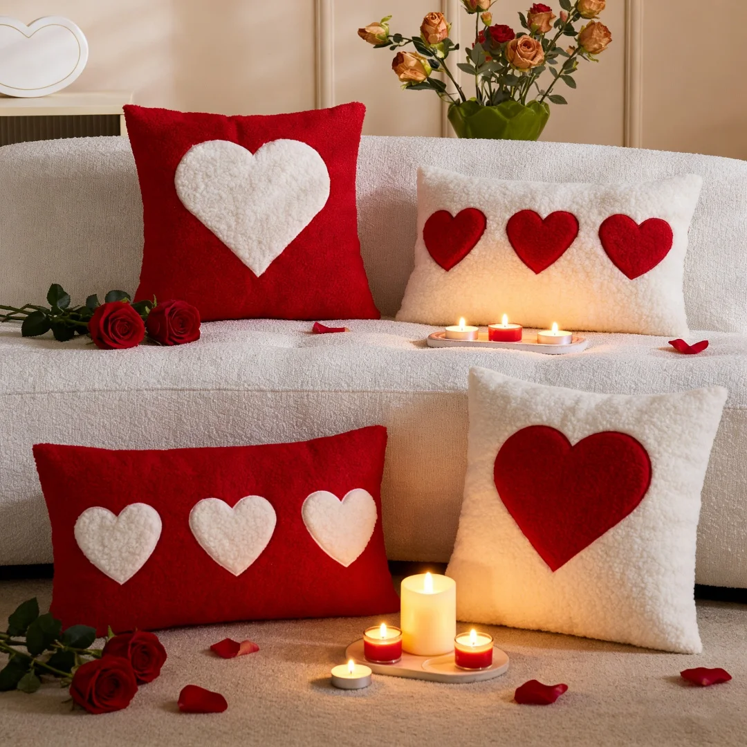 2pcs Heart-Shaped Pillow Cases Set Soft Embroidered Cushion Covers Red & White for Christmas Gift Decor Bedroom & Living Room