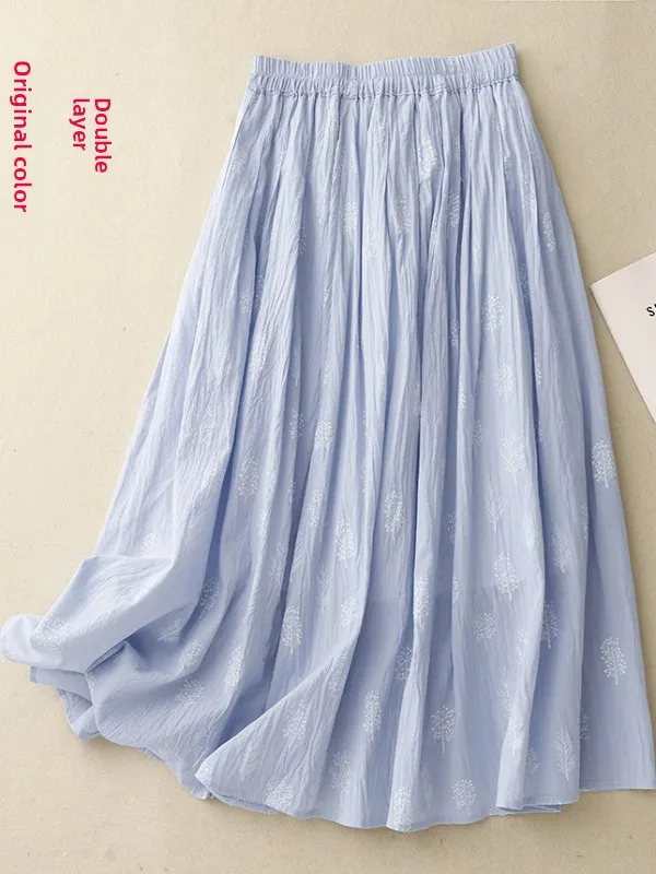 

Художественная винтажная хлопково-льняная юбка трапециевидной формы, женская утягивающая юбка средней длины с высокой талией и вышивкой, повседневная юбка для поездок на работу...