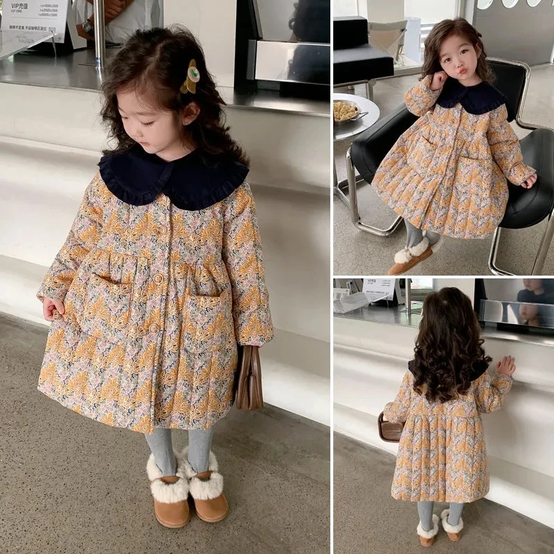 2-10 Years Kids Winter Florar Dresses for Girls Cute Thick Velvet Jackets Dress Toddler Baby Warm Casual Overcoat Infant Outwear