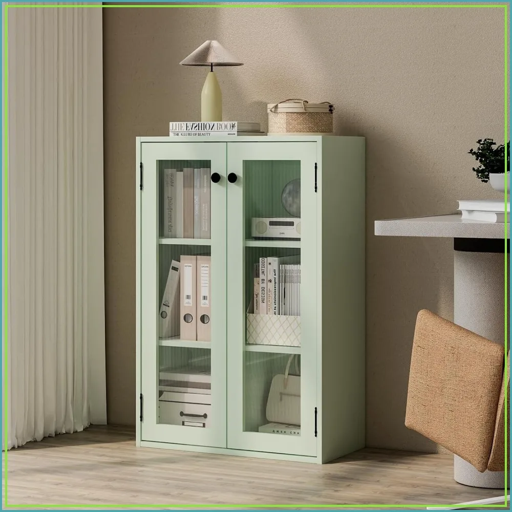 Estante de Livros com Porta de Vidro Verde, Armário Expositor de Metal com 2 Prateleiras Fixas, Montável na Parede, Anti-Tombamento, Armazenamento Compacto para Escritório Doméstico, Cozinha, Sala de Estar