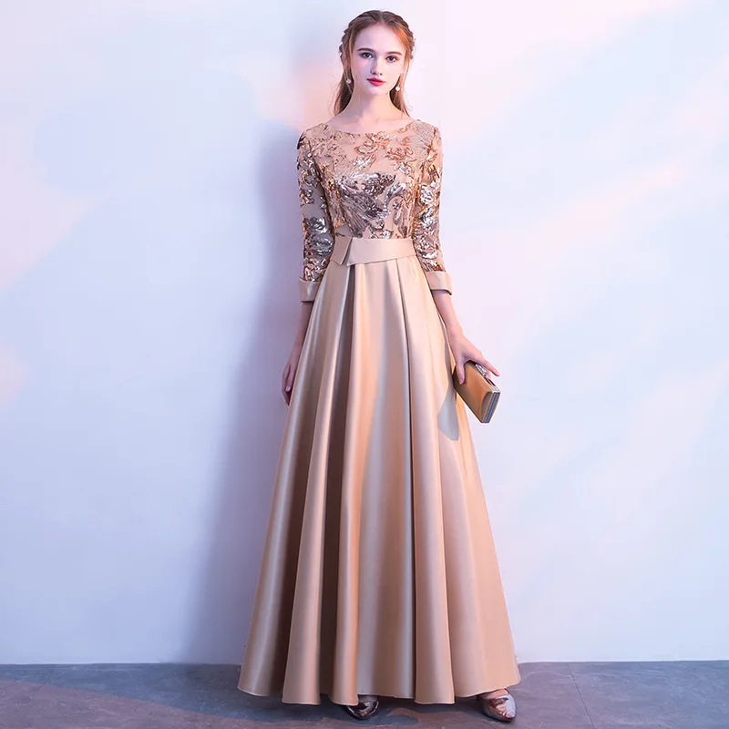 Elegant Satin Evening Dresses New Arrival 3/4 Sleeves A-Line Sequined Long Prom Gown Formal Evening Gowns Wedding Party Gowns