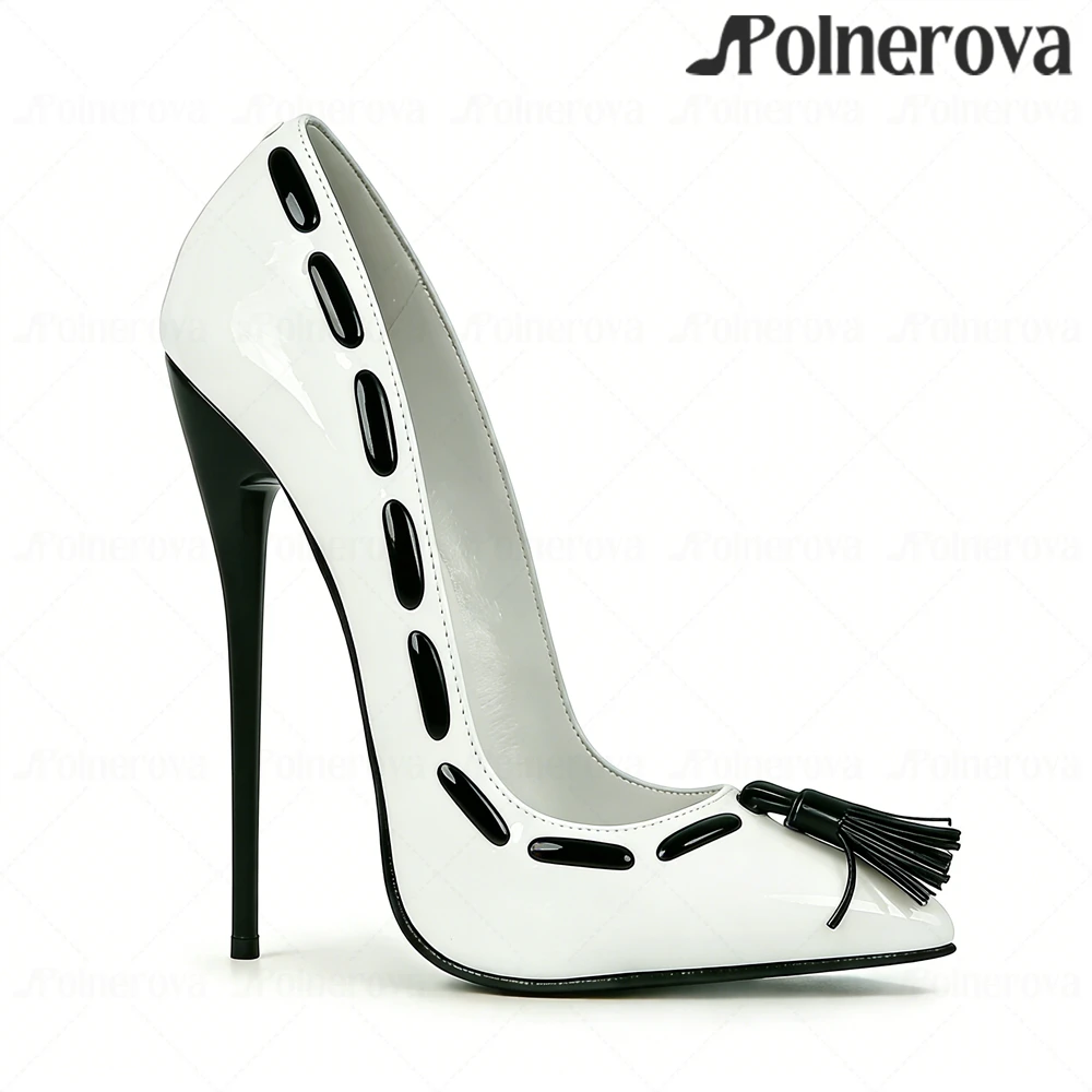

16cm Lacquered Heel Fringe Pumps Mixed Color Stitching Design Stiletto Heels Sexy Style Pointed Toe White Patent Leather Pumps