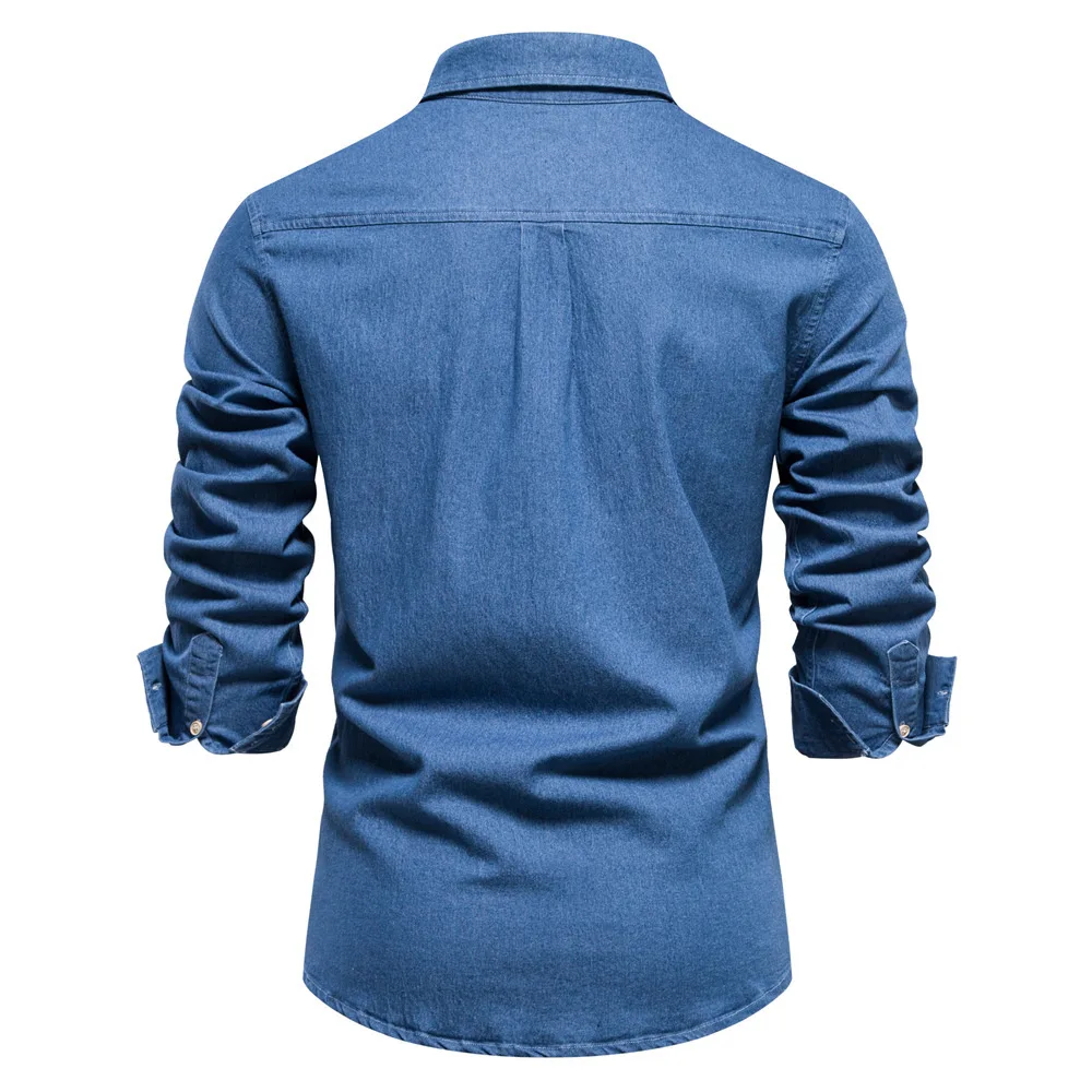 2024 Autumn/Winter New European Denim Ironless Casual Solid Color Men's Long Sleeve Shirt