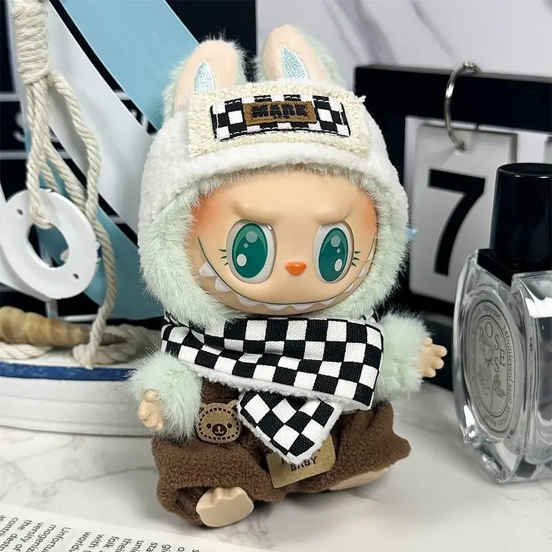 

Для детской одежды Labubu Mini 17 см, милый праздничный наряд для сидения вниз. Комплект комбинезона из плюшевой прорезиненной ткани Labubu