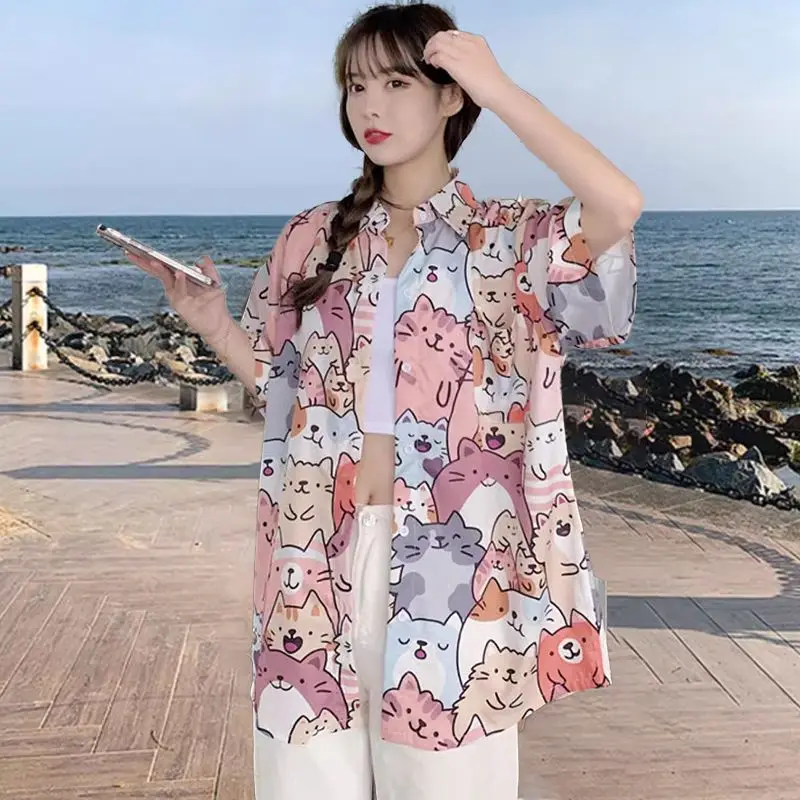 Women Summer Korean Loose Beach Vacation Printing Polo-Neck Short Sleeve Shirts Women Clothes Casual All-match Appear Thin Tops