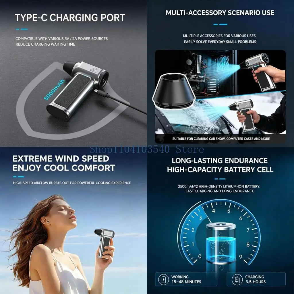 02DC Rechargeable Dust Blower with Integrated Handheld Grip and Directed Air Output, Cleaning Device for Vehicle Crevices,