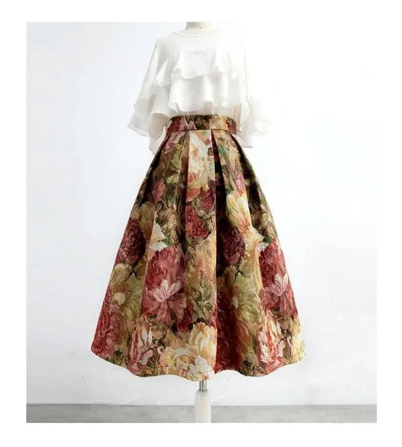 Französisch Malerei Floral Elegante Chic Hohe Taille Ballkleid Lose frauen Rock Knielangen Lange Röcke Für Frauen Kleidung mode – Detail 8