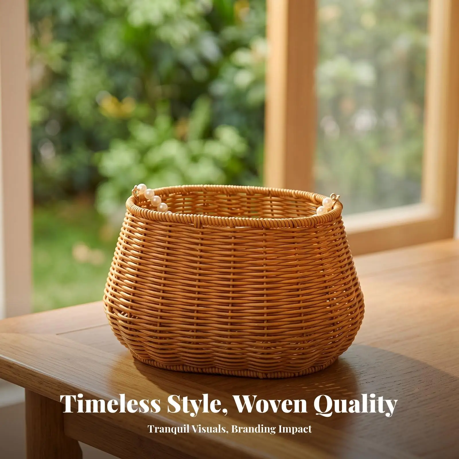 Paper-Rope Basket with Pearl Handle Freestanding Organizing Bin Compact
