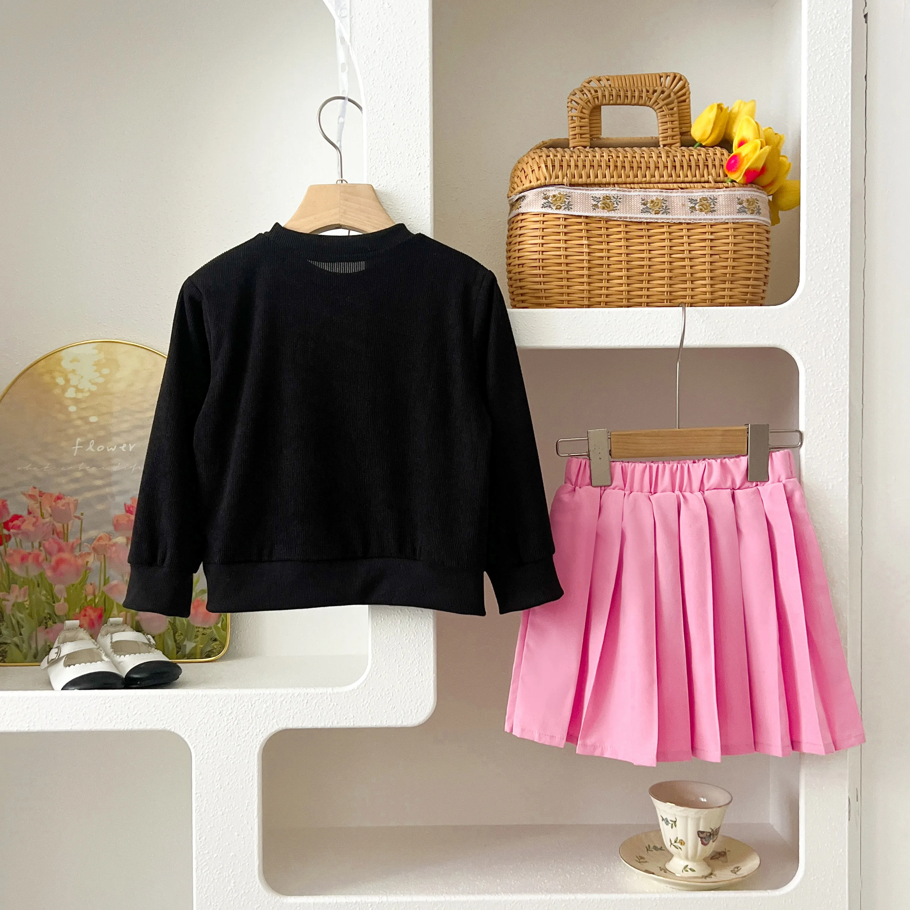 Humor Bear Girl Clothes Two-piece Set for Girls Top + Pleated Skirt Kids Clothes Girls Toddler