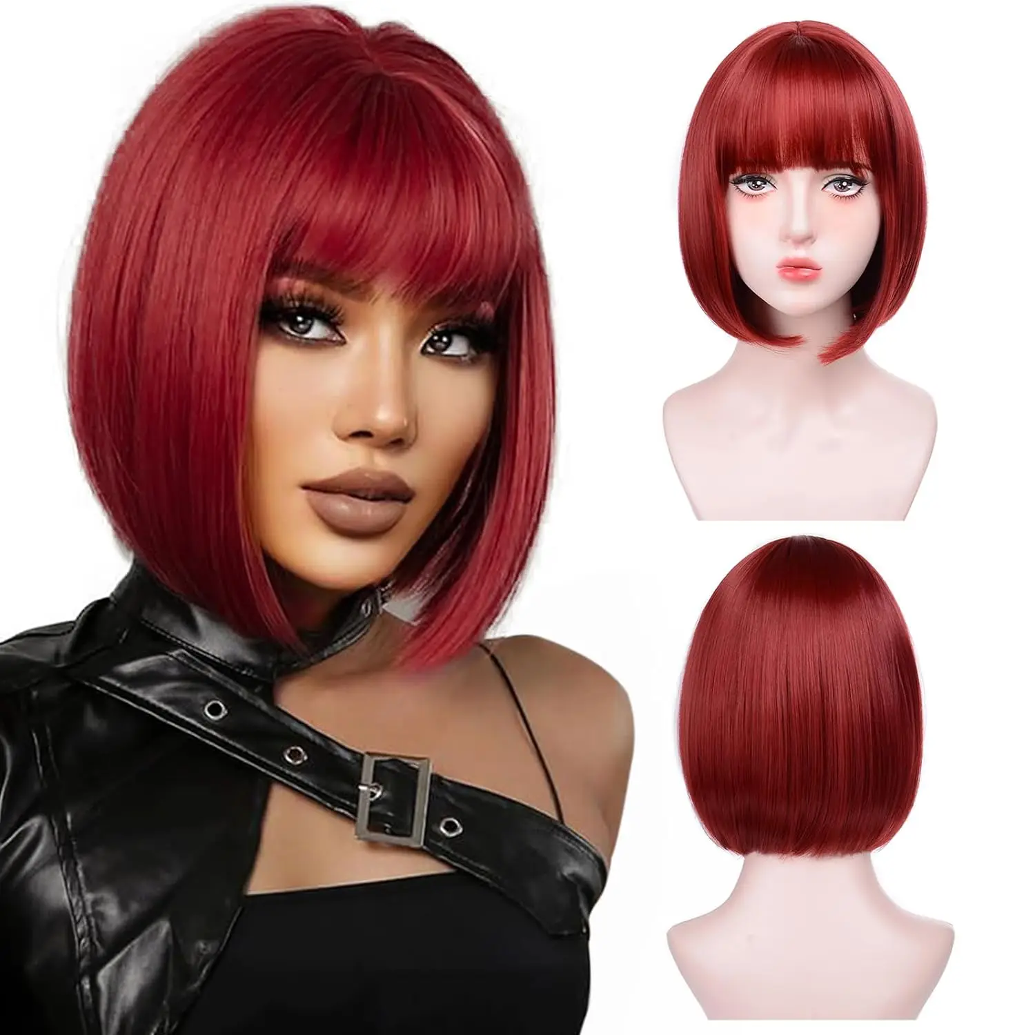 

Synthetic Short Wine Red Bob Wigs For Women Burgundy Bob Wigs With Thick Bangs Heat Resistant Wig