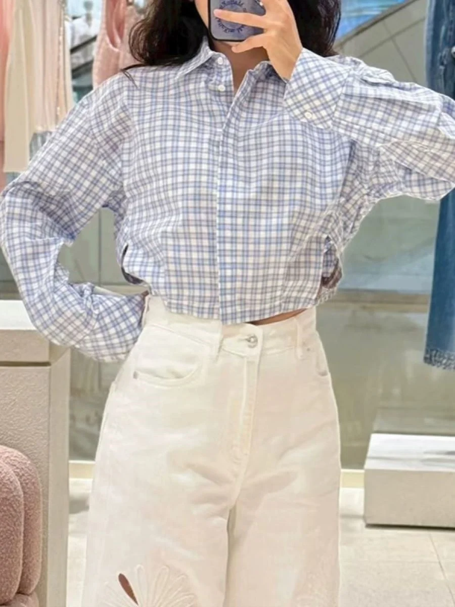 

Весна 2026: Женская блузка с боковым разрезом, синяя в клетку, с отложным воротником, длинным рукавом, на одной пуговице, модная рубашка