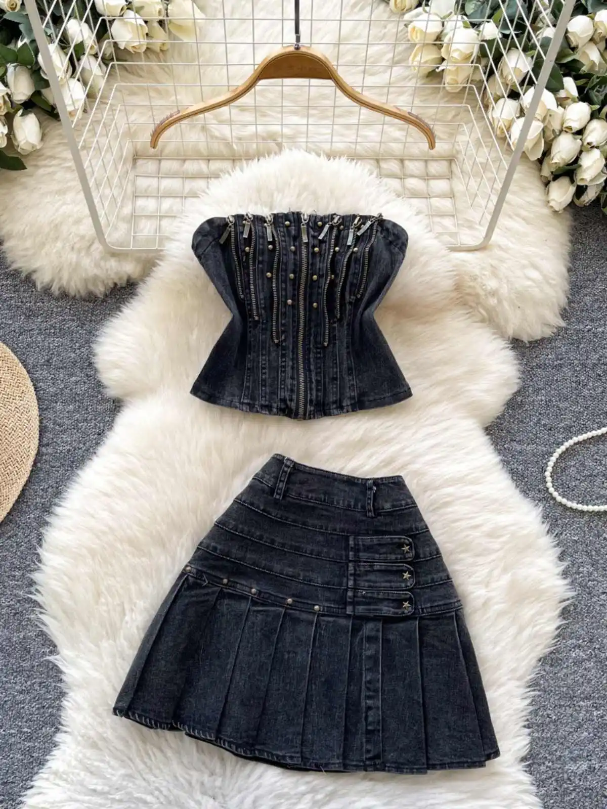 American Spice Girl Denim Set Rivet Zip Sleeveless Strapless Top + High Waist Pleated Jean Half-Body Skirt Female