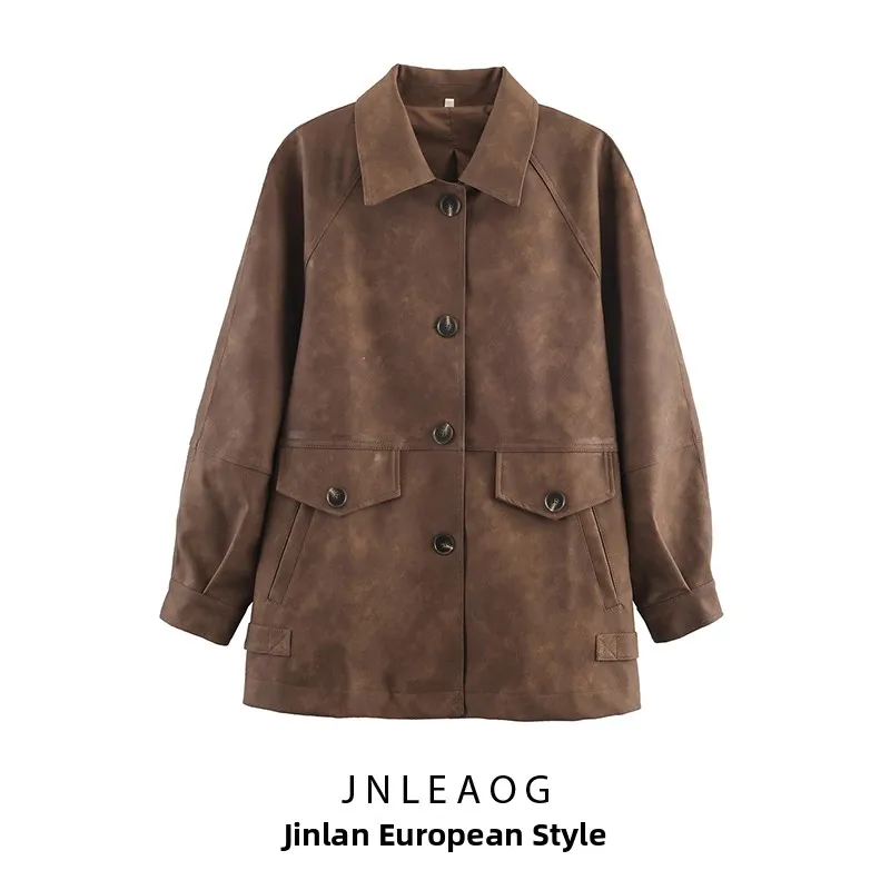 

Faionable PU Jaet Women's Autumn New Sle Versatile Design Long Sve Polyester Fiber Ladies Coat with Bule Decoration