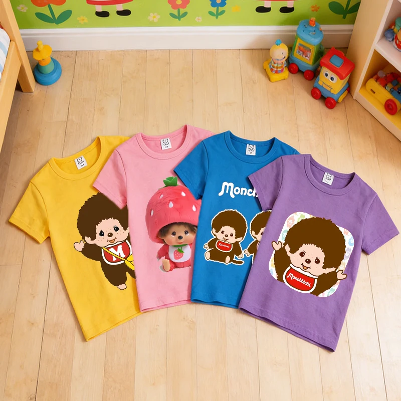 

Monchhichi Children Short Sleeves Cartoon Anime Cotton T-shirt Kawaii Tops Boy Girl Summer Fashion Tees Kids Cute Clothes Gift