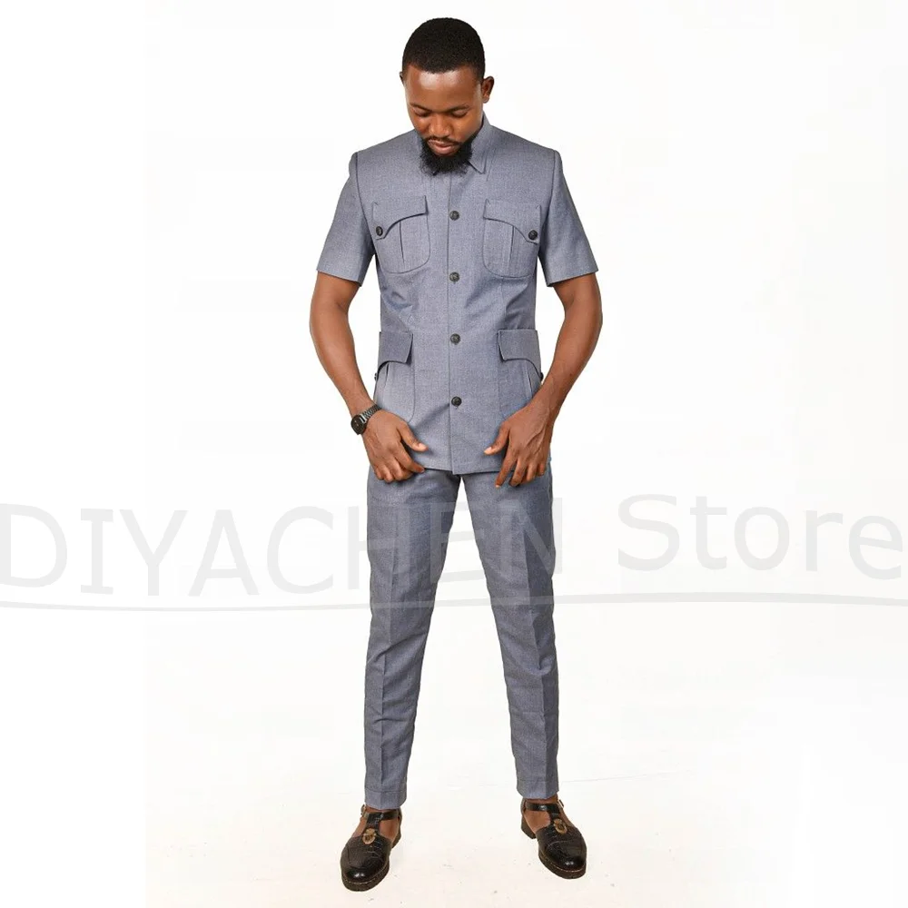 

Летние мужские костюмы, модные однобортные костюмы с короткими рукавами, тонкий воротник-стойка, четыре кармана, умный повседневный повседневный мужской костюм