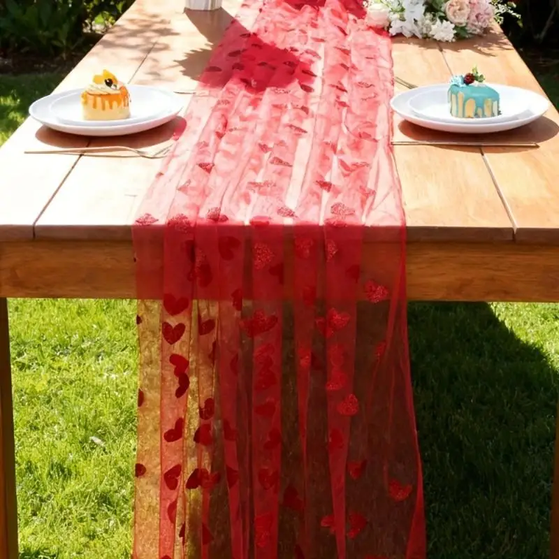 Red Heart Shaped Mesh Tablecloth Romantic Wedding Banquet Decoration Durable Material for Party Event Decor Table Cover