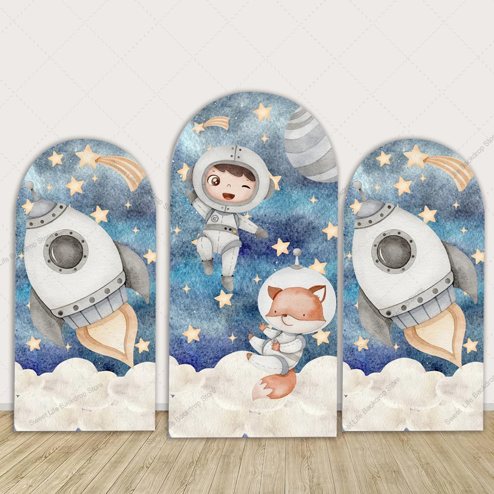 

Cartoon Planet Rocket Astronaut Arch Backdrop Cover Outer Space Chiara Backdrop for Birthday Baby Shower Decor