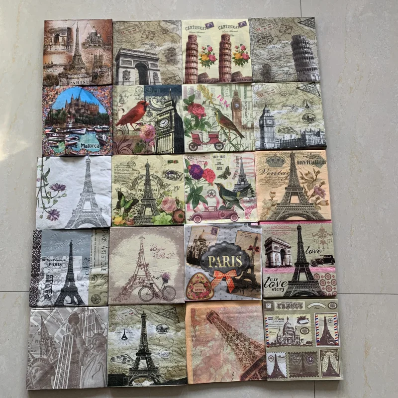 Mix 20 designs Decoupage paper napkins elegant tissue vintage towel flower butterfly church tower birthday wedding party decor