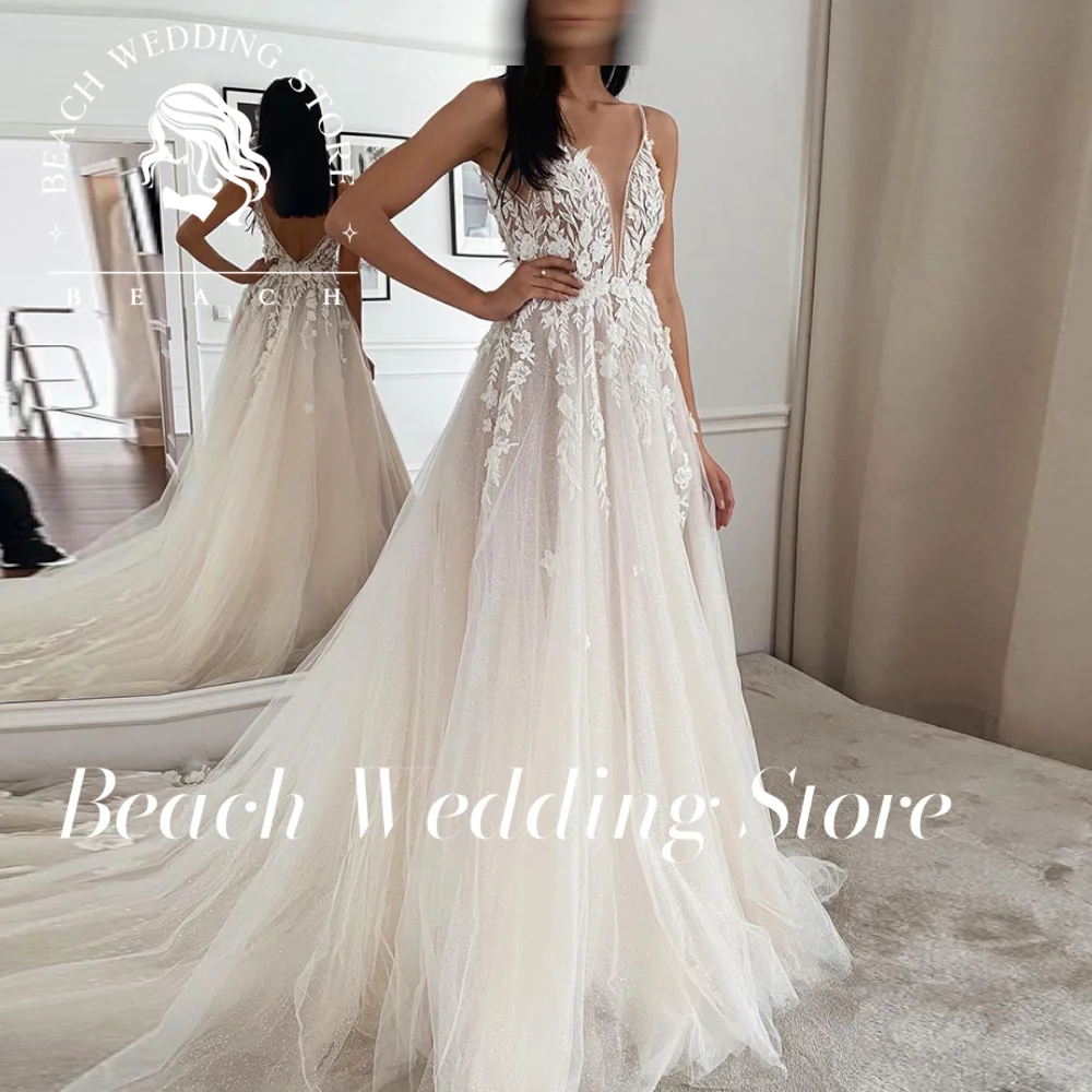 Praia personalizado cinta de espaguete profundo decote em v vestido de casamento para noiva rendas apliques brilhante tule sem costas lindos vestidos de noiva