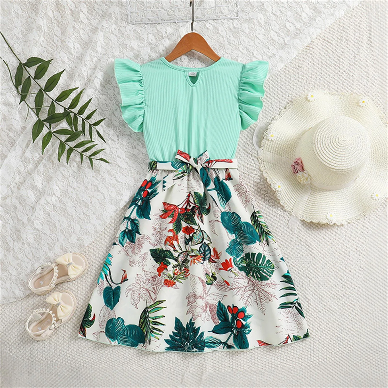 2025 Summer New Arrival Girls Dresses Sleeveless Ruffles Patchwork Print Green Designer Cute Party Princess Dress Custume 1-6T