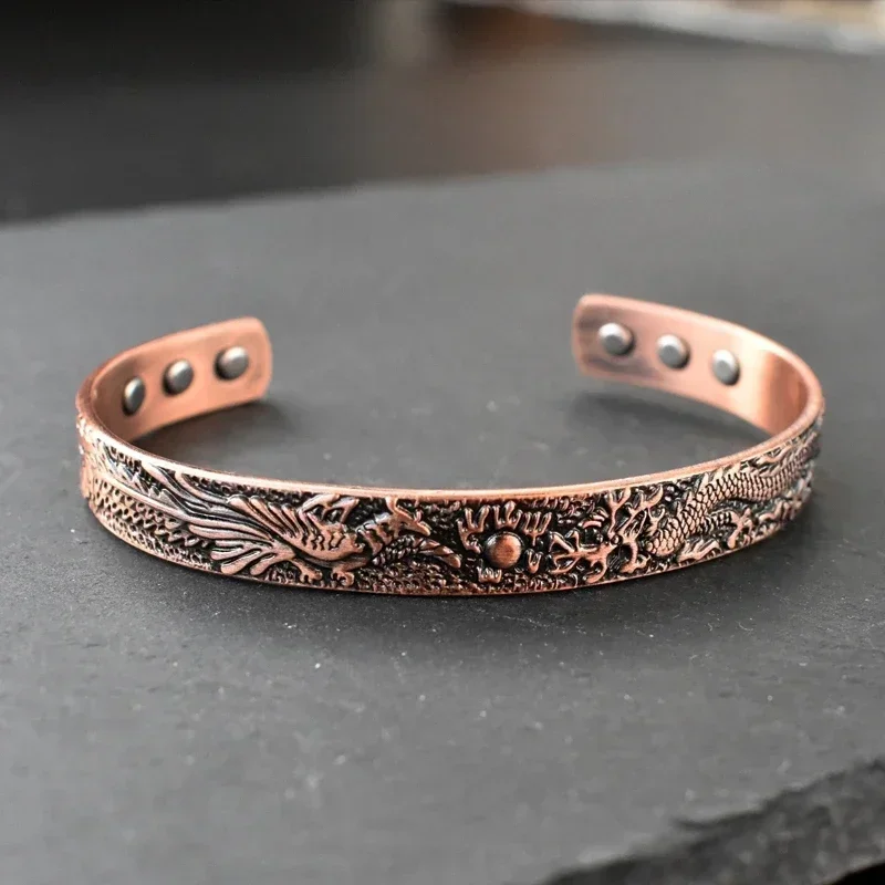 Pure Copper Bracelet Men Traditional Dragon Pattern Men Cuff Bracelet Magnetic Therapy Health Energy Bracelet for Men