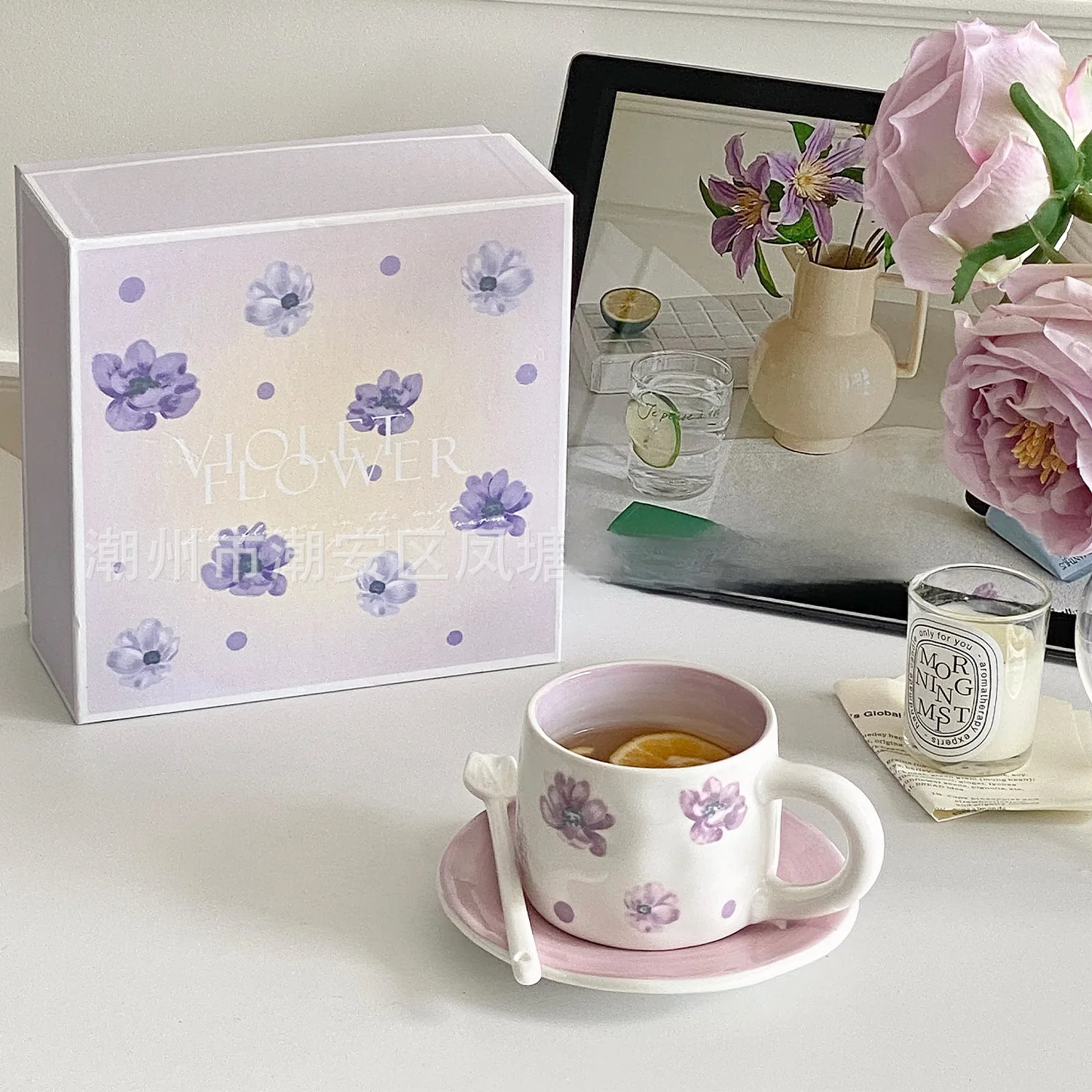 Slow as old-Violet ceramic coffee cup and saucer suit high-grade hand-painted afternoon tea cup gift box gift gift Acrylic cups