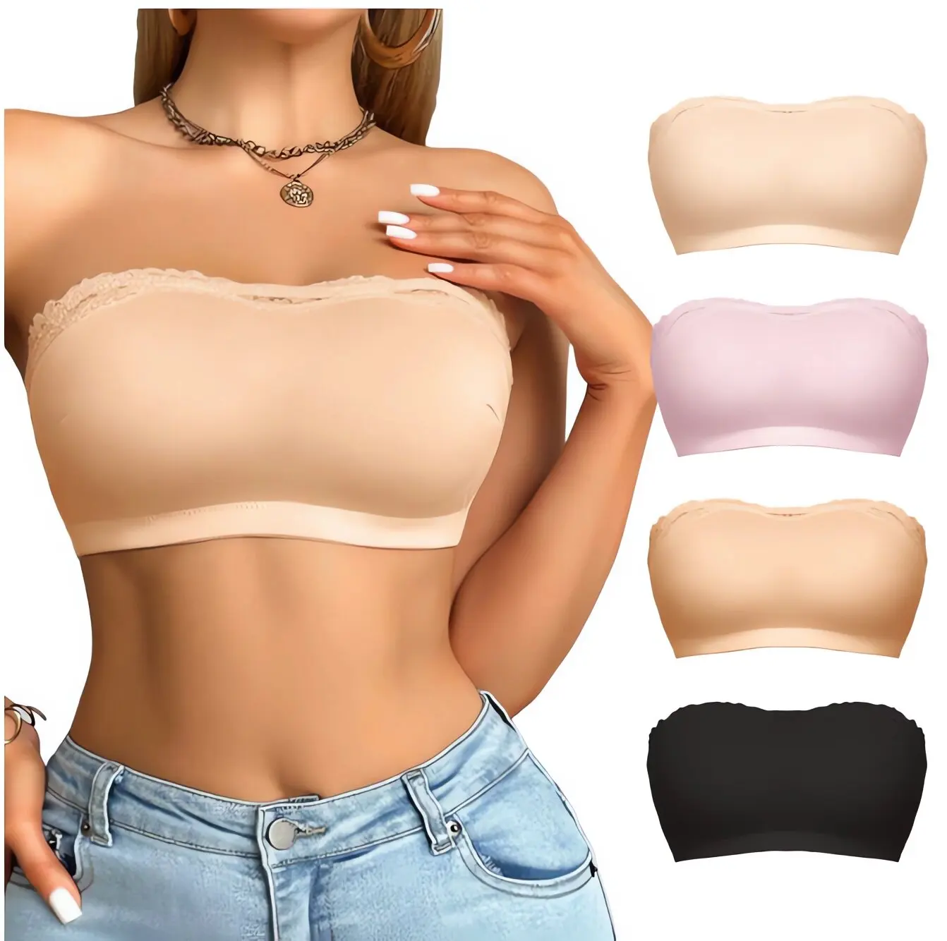 

4 Pcs Women' Seamless Strapless Wire-free Bras Full Coverage Soft Lightweight Stretch Casual Push Up Convertible Bralette