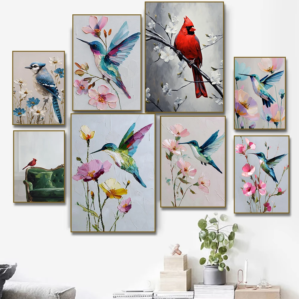 Hummingbird and Flowers Poster Canvas Painting Art Print Mid Century Retro Picture for Living Room Home Decor Cuadros