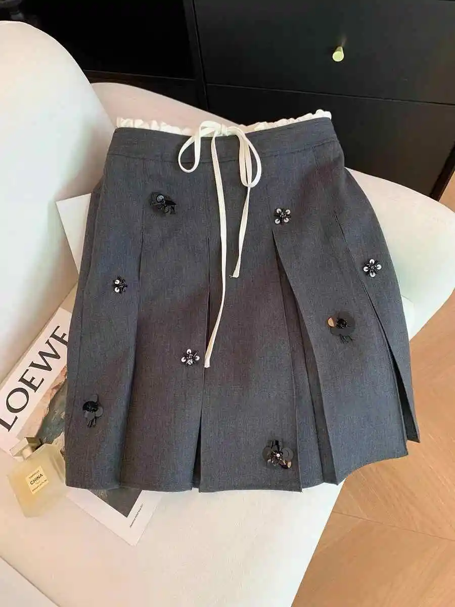 

Women's Clothing Dark Grey Sequins 3D Floral Mini Pleated Skirt Vintage Aesthetic Y2k 2000s A-line Skirt Harajuku Skirt Summer