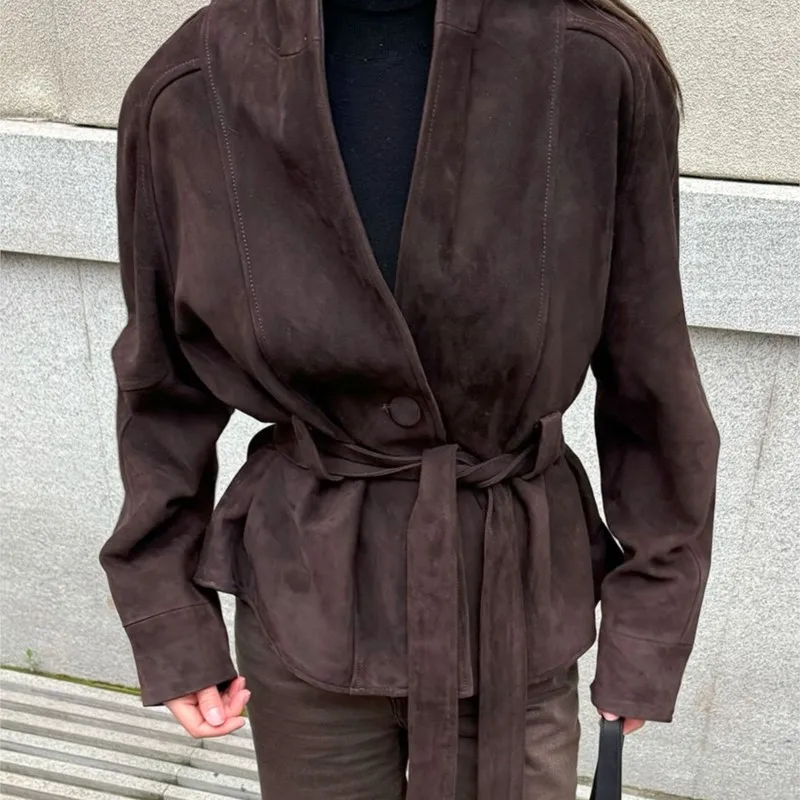 K-Star 2026 Autumn Winter Women Vintage Faux Suede Long Sleeve Jacket Textured Casual Coat