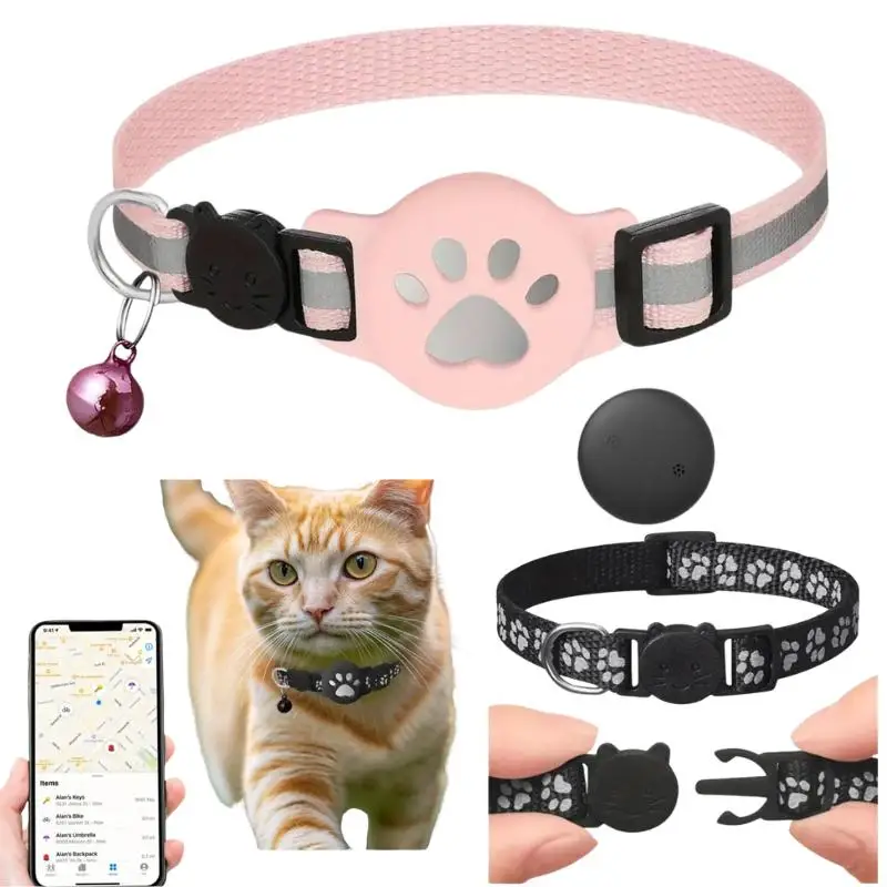 Pet Smart GPS Anti Lost Cat Collar With Removable Bell Paw Print Nylon Holder Cat Collar With Slot