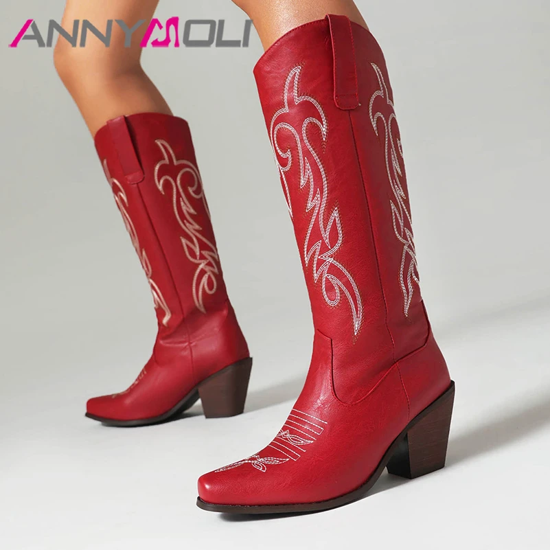 

ANNYMOLI Women Knee High Cowboy Long Boots Square Toe Thick High Heels Embroidery Western Cowgirl Boots Ladies Shoes Winter 43