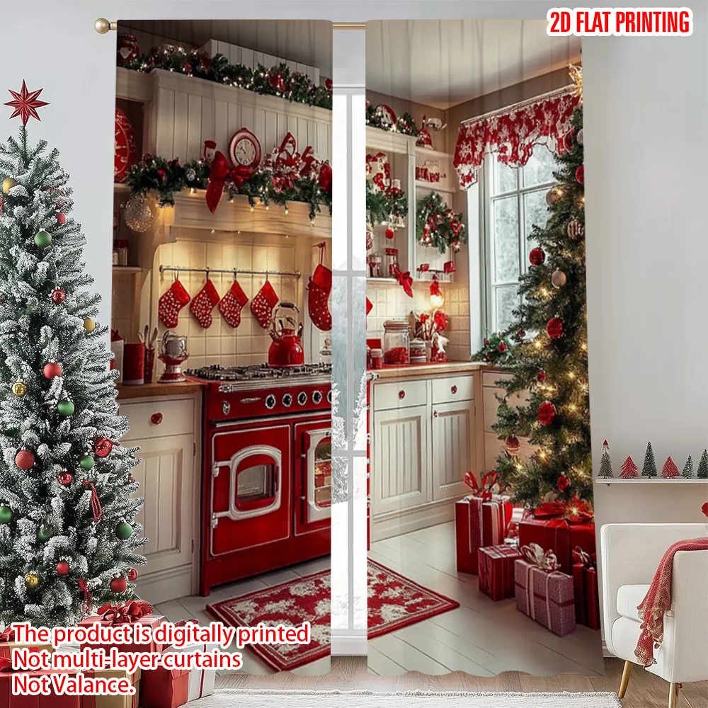 

2pcs 2D flat printing Merry Christmas Popular Curtain Christmas4 100% Polyester Without Electricity Holiday Decorations for room