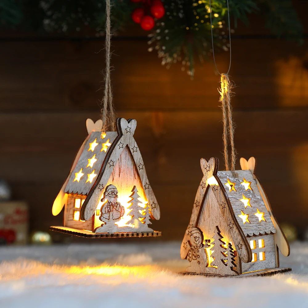 

Christmas Wooden House With LED Lights Xmas Tree Hanging Pendant Glowing Log Cabin Desktop Ornaments Navidad New Year Kid Gifts