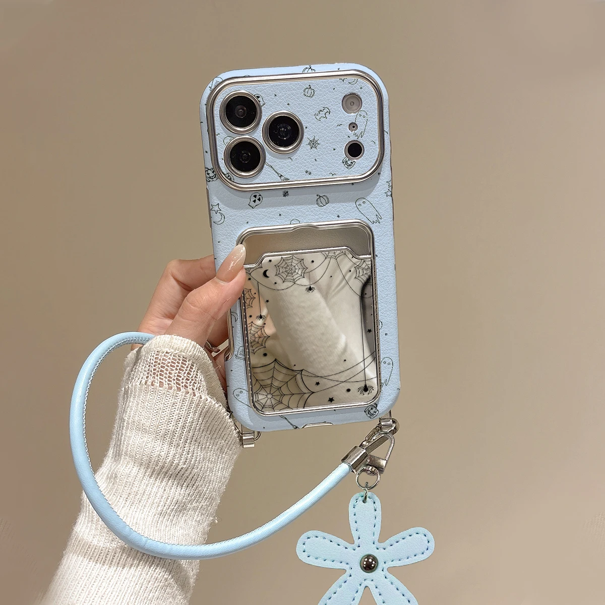 Light‑Blue Halloween Ghost Pumpkin PU Leather Phone Case Spider‑Web Mirror Flower Pendant Wrist Lanyard ForiPhone11 13 18Pro Max