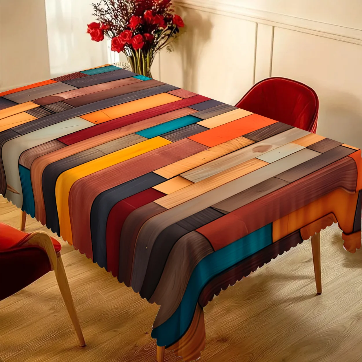 One piece of colorful wood-grain design tablecloth - high-definition digital printing, non-shrinking polyester material.PMJ