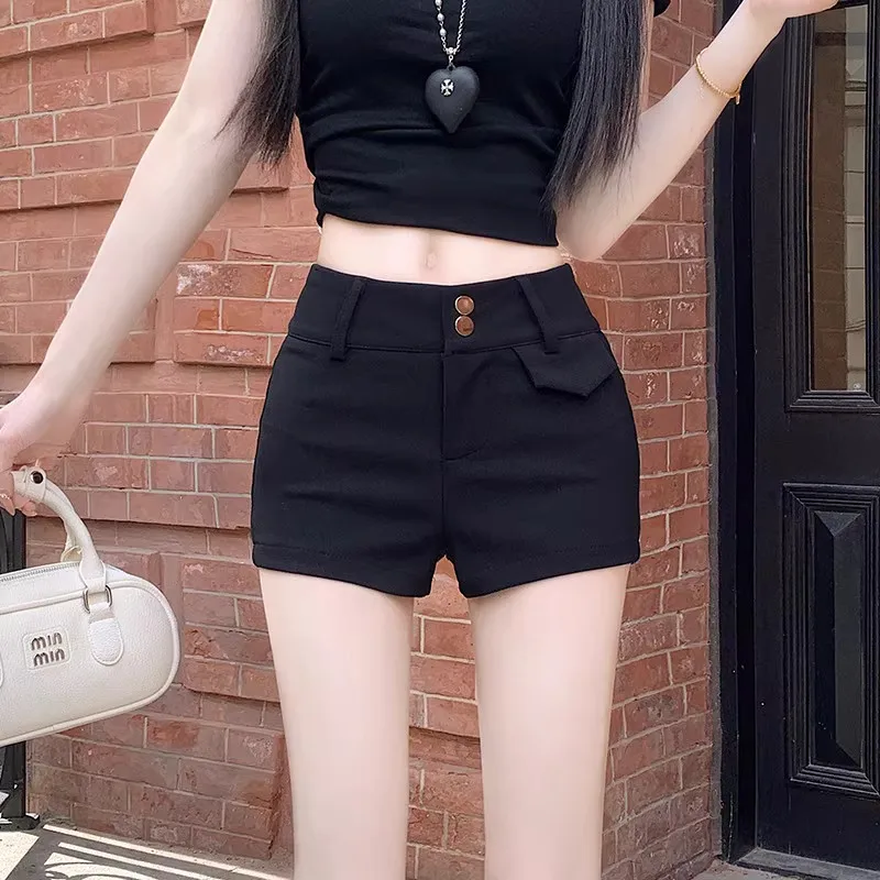 High Waist Black Elastic Bandage Shorts Women's Spring Double Buckle Slimming A-Line Hot Pants Small Size Casual Boot Pants