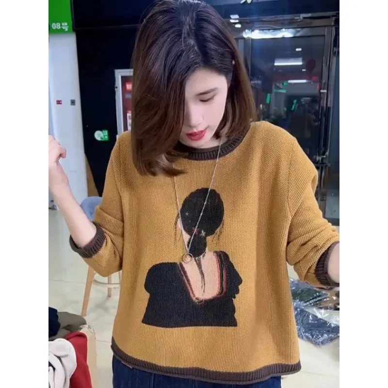 

Spring and Autumn Fashion Cartoon Back Print Knitted Sweater for Women Loose Pullover Top Casual Long-sleeved Sweater ZT178