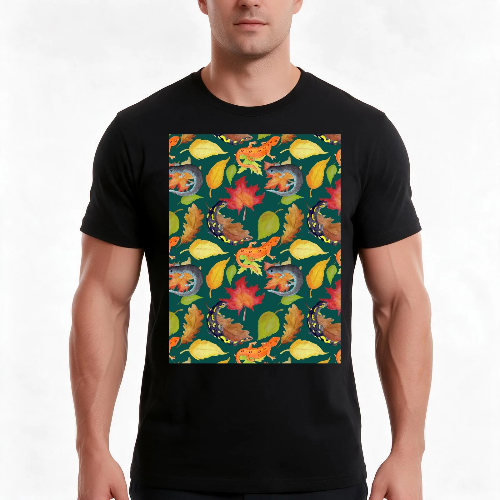Salamander Leaves Watercolor Pattern- Dark Green T-Shirt Summer Casual Cotton Tee Oversized Streetwear Tops Unisex Men Women