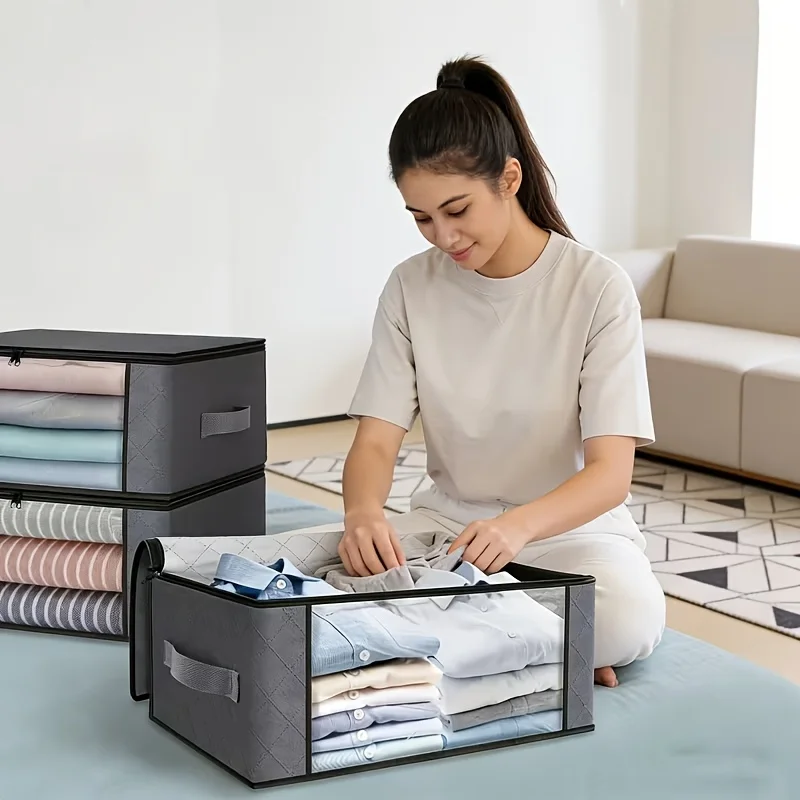 2 Extra-Large Foldable Storage Bags with Zipper and Lids, Reinforced Handles, Windowed Visibility