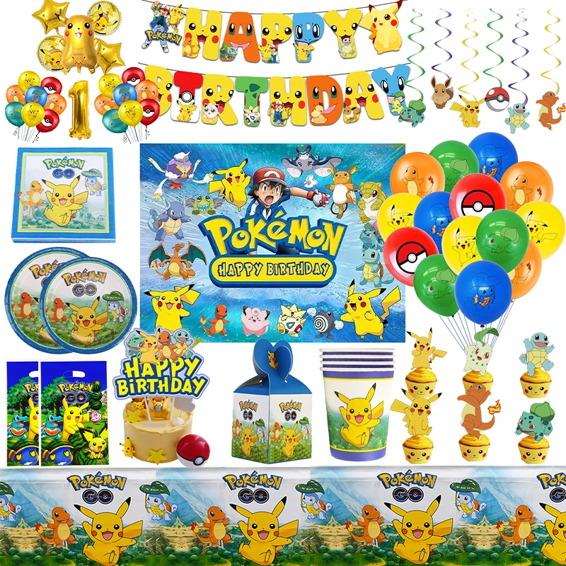 Decoración de fiesta de cumpleaños de Pokémon, platos de Pikachu, tazas, vajilla, telón de fondo, globo de aluminio para niños, suministros de