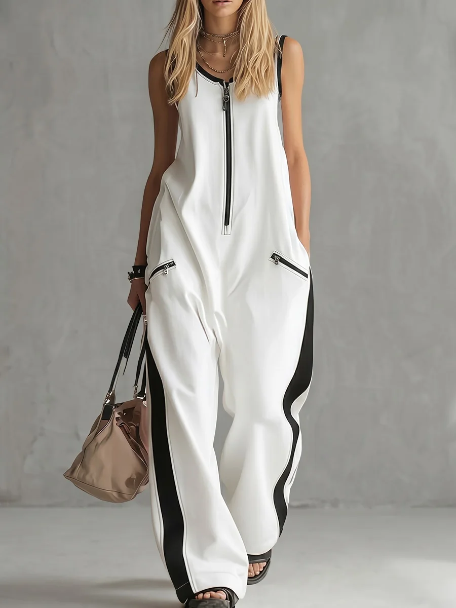 

Bonboho Women's Half-Zip Contrast Color Jumpsuit 2026 Summer Fashion White Sleeveless Wide Leg Casual Streetwear Outfit