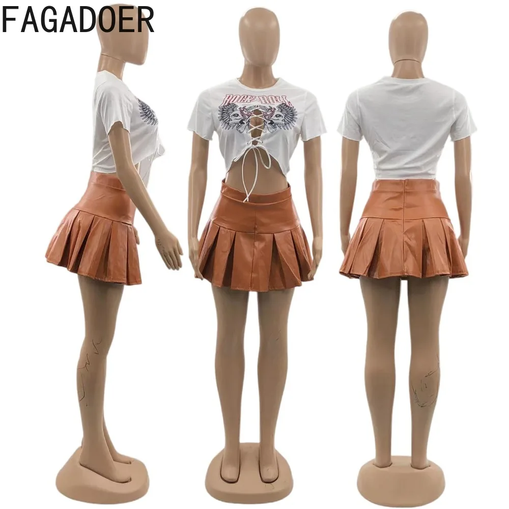 FAGADOER-Conjunto de dos piezas con estampado para mujer, Top corto de manga corta con cuello redondo y Falda plisada de PU, 2023