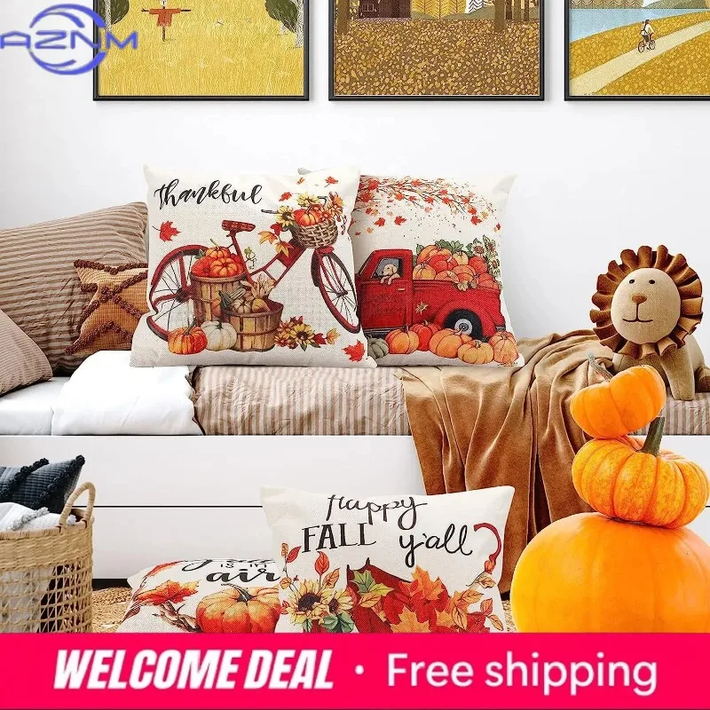 Home Decor Hello Fall and Pumpkin Themed Pillow Covers Pattern Cushion Cover Suitable for Sofa Bedroom Car Pillow Cover