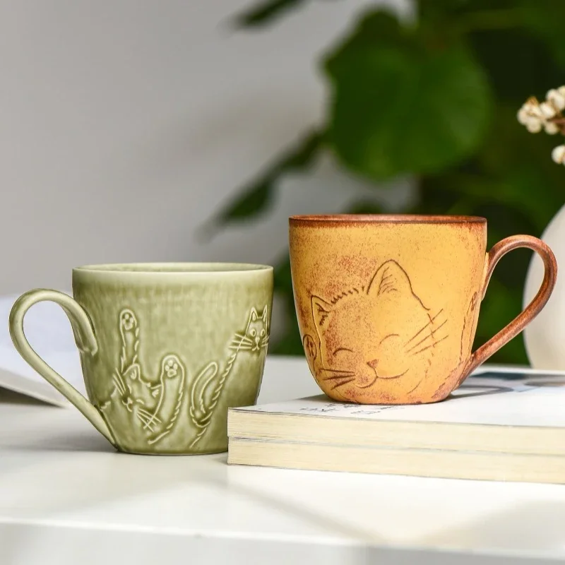 Vintage Japanese Cat Ceramic Coffee Mug, Retro Style Cute Animal Breakfast Milk Cup,Handmade Creative Drinkware for Home Kitchen