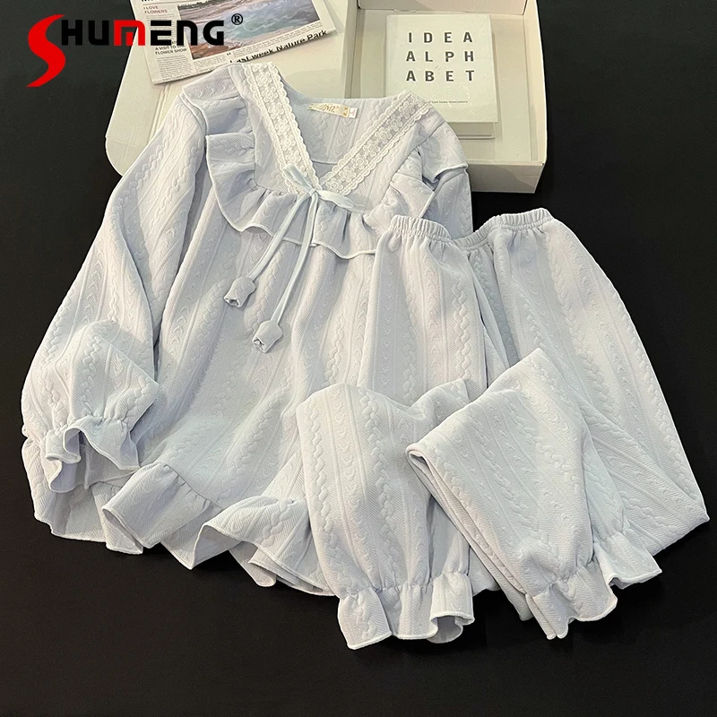 

Sweet Bowknot Pajamas for Women New Autumn Winter Cotton Layered Blue Loungewear Female Thickened Warm Pure Cotton Homewear