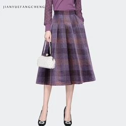 Women Autumn Wool-like Knitted Purple Plaid Skirt High Waist A-Line Pleated Mid-length Skirts With Pockets Fashion Casual Bottom