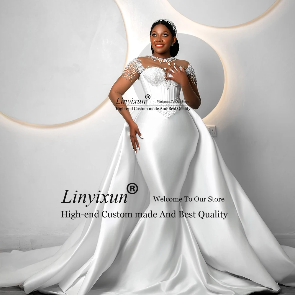 ロマンチックなビーズパールのウェディングドレス2025 マーメイド 取り外し可能なトレーン ブライダルガウン カスタムメイド フルスリーブ ウェディングドレス